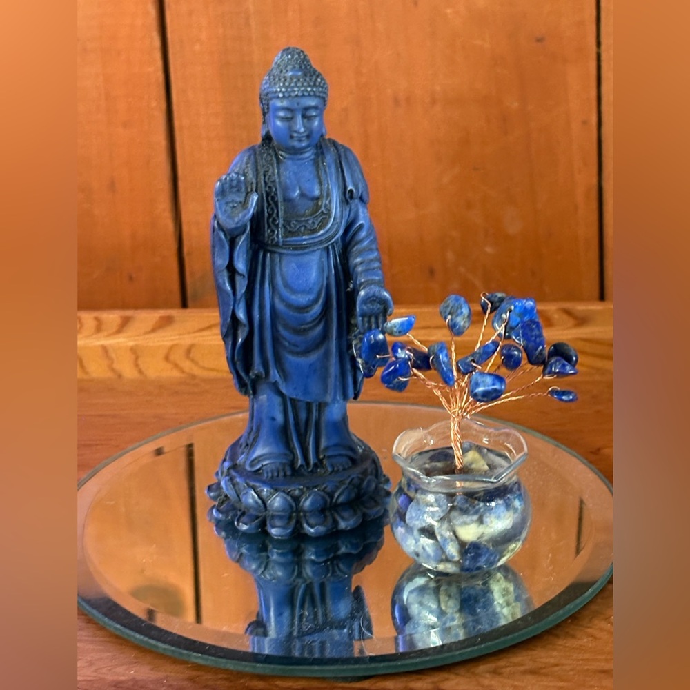 Blue Buddha Statue Meditation Set Sodalite Tree of Life, Mirror & Gift Box